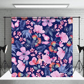 Aperturee - Aperturee Navy Blue Pink Floral Leaves Fine Art Photo Backdrop